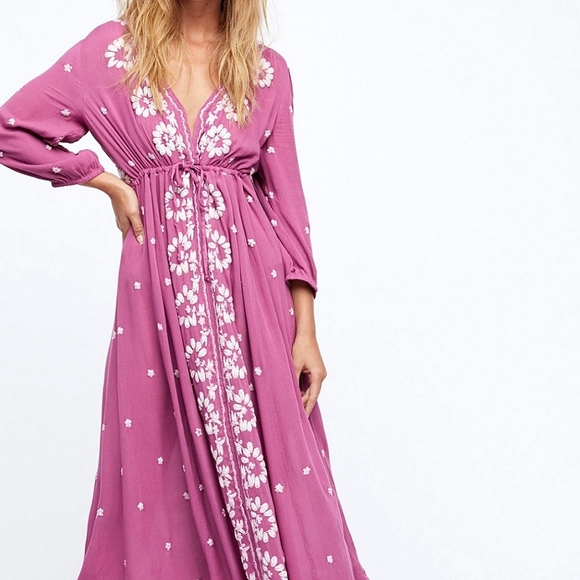 NEW🌺 Free People Embroidered Floral Fable Midi Dress Pink Ivory XS - Picture 13 of 13